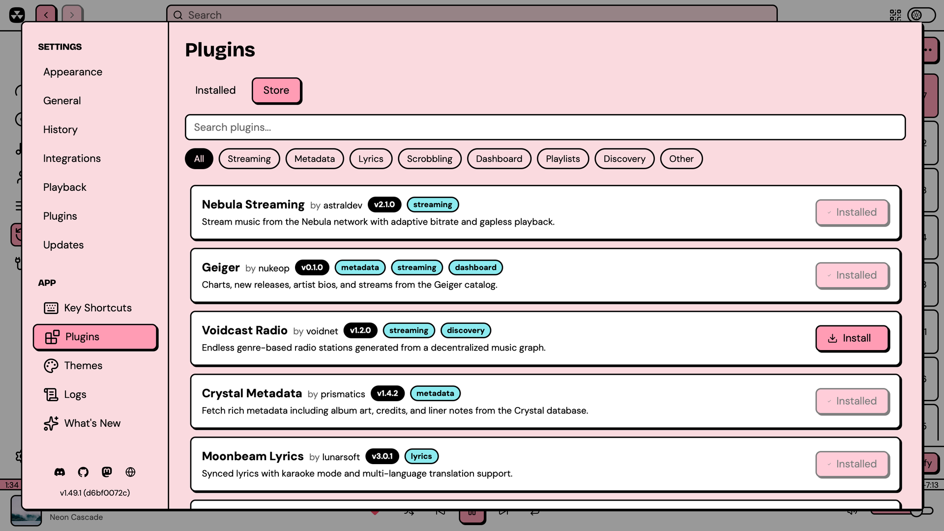 The plugin store showing available plugins