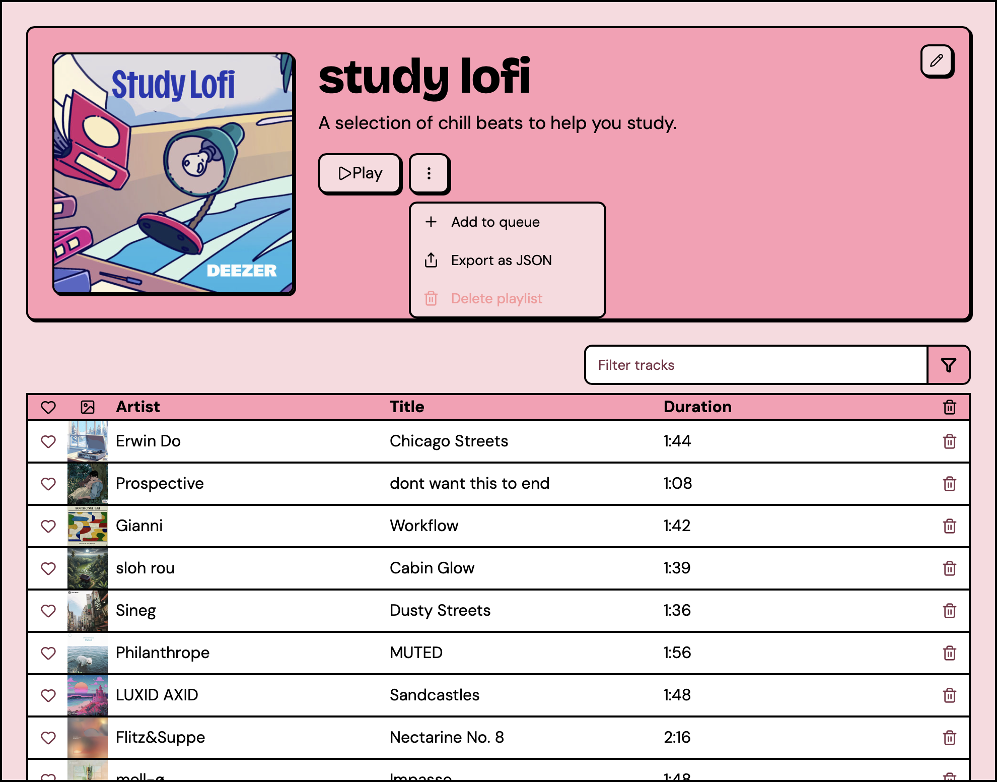 A playlist detail view showing tracks and action buttons