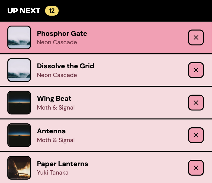 Queue showing the X button on each item