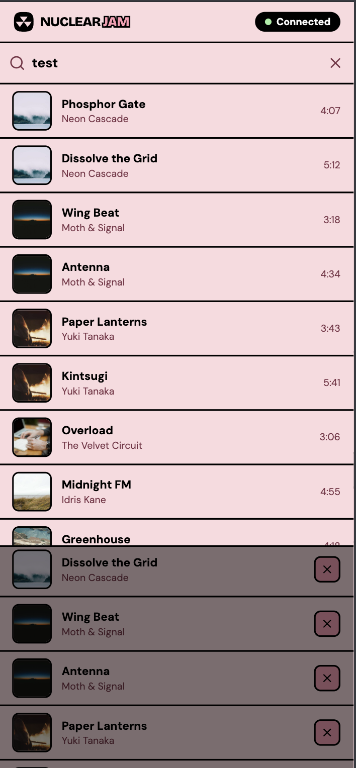 Search drawer showing results with an add button on each track