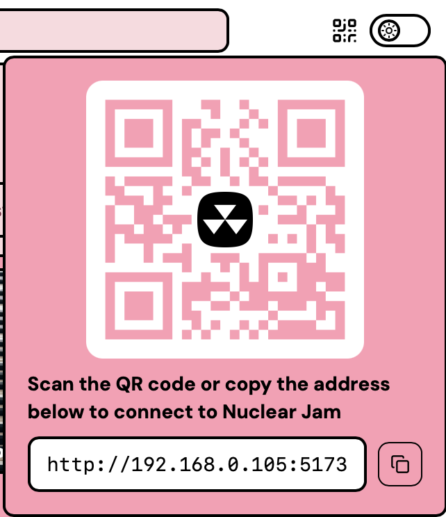 QR code popover showing the QR and the Remote URL below it