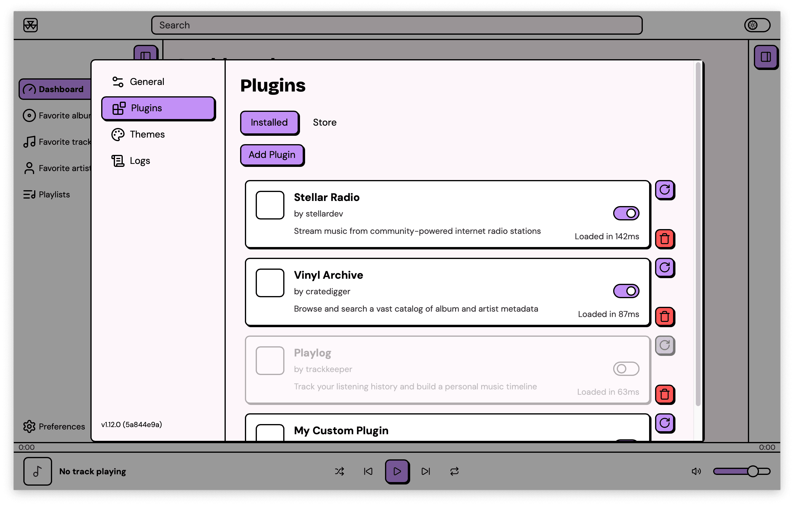 Installed plugins with enable/disable toggles