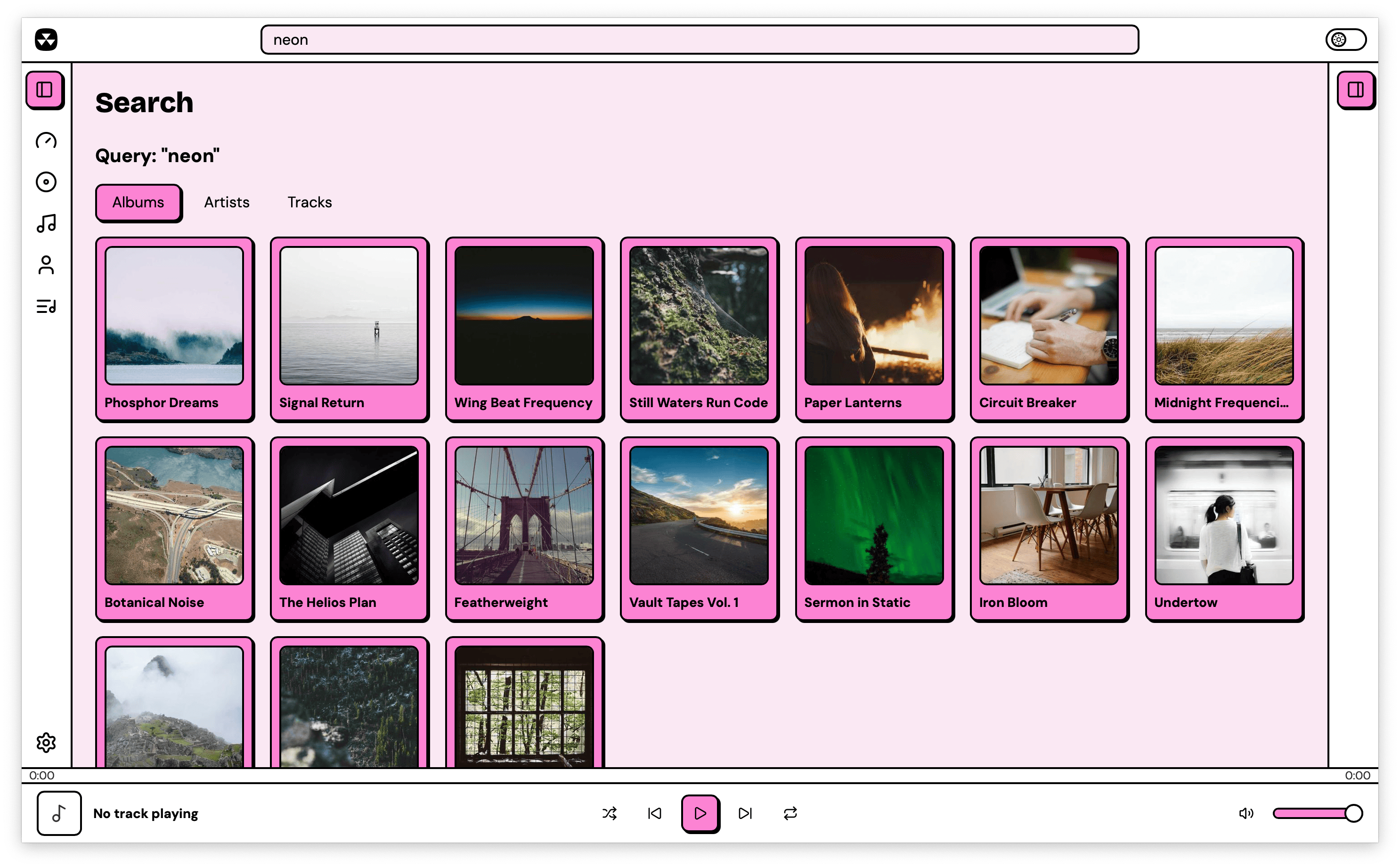 Search results showing album cards