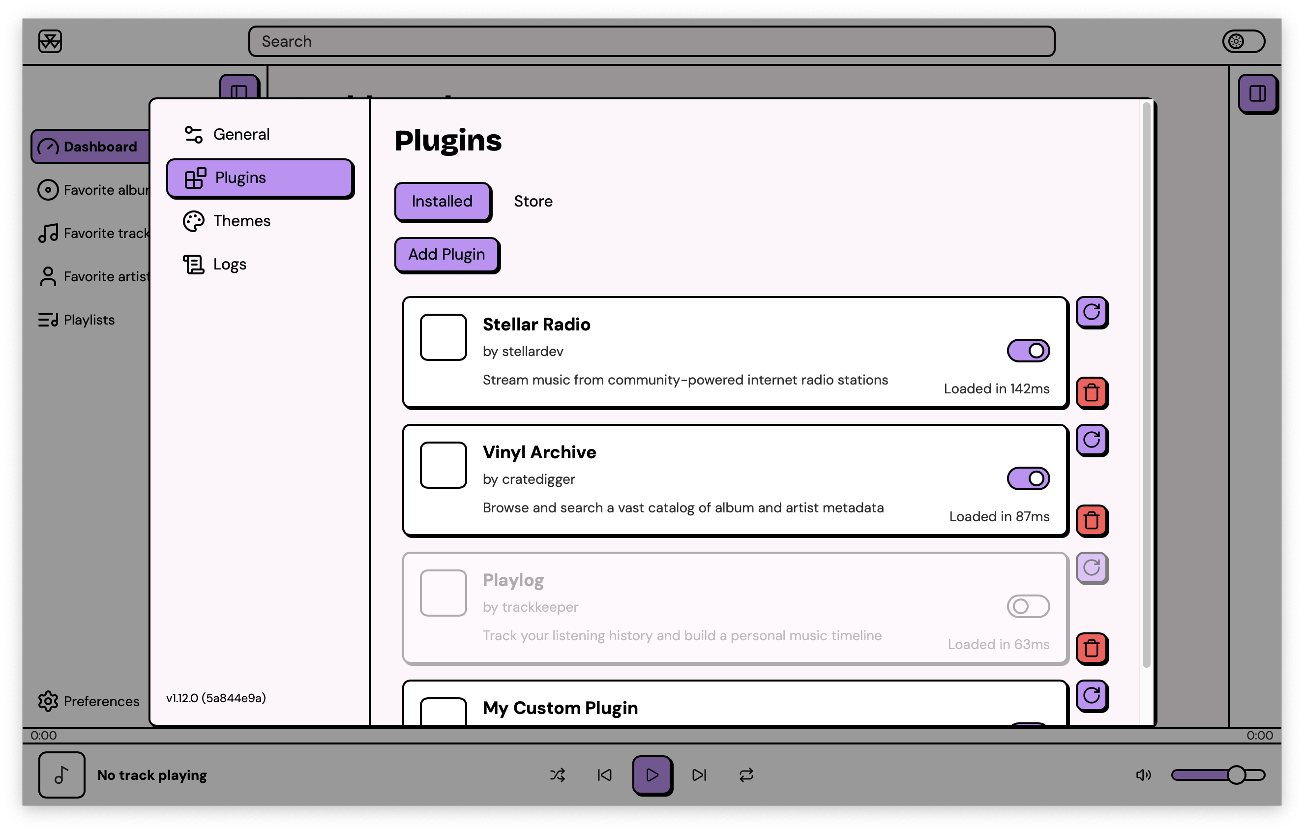 Installed plugins with enable/disable toggles