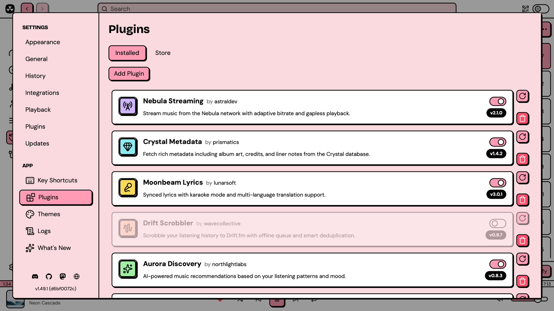 Installed plugins with enable/disable toggles