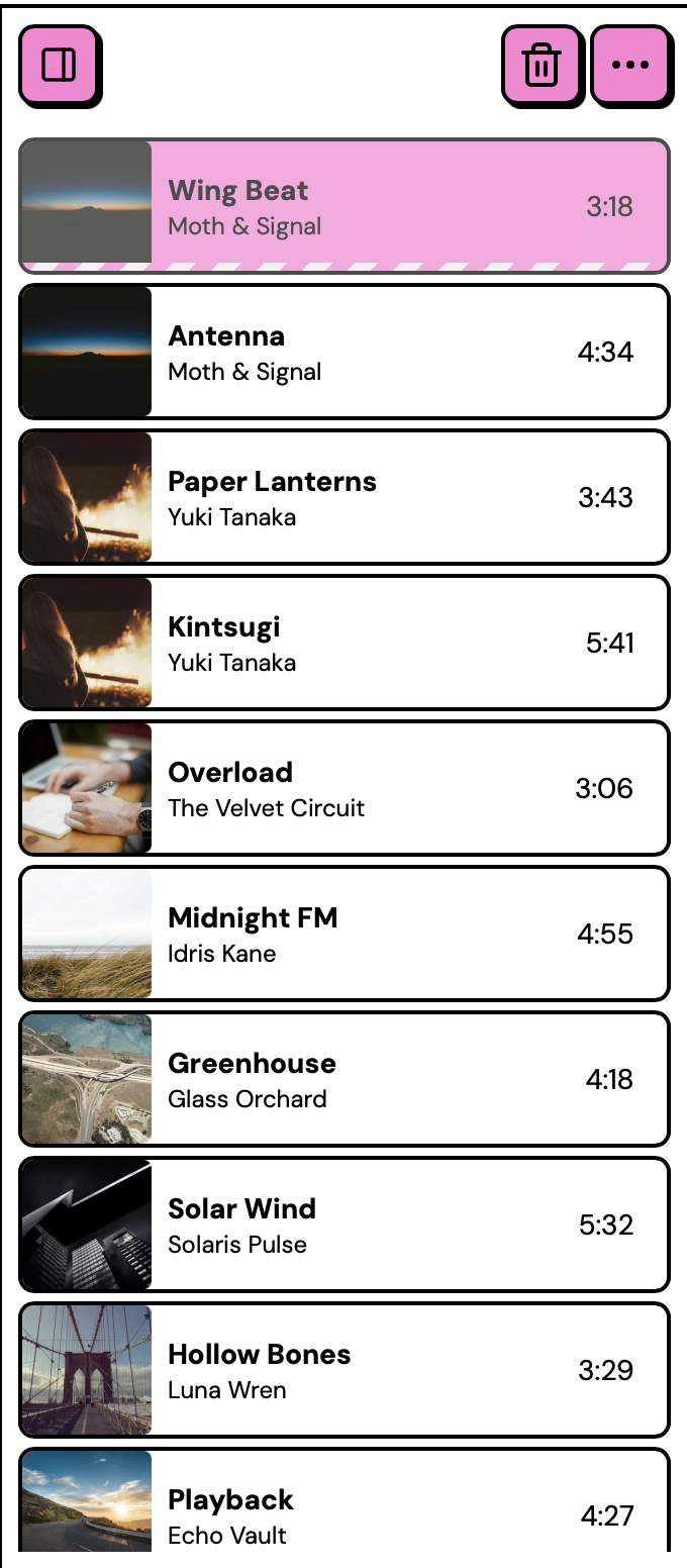 The queue panel showing several tracks with one playing