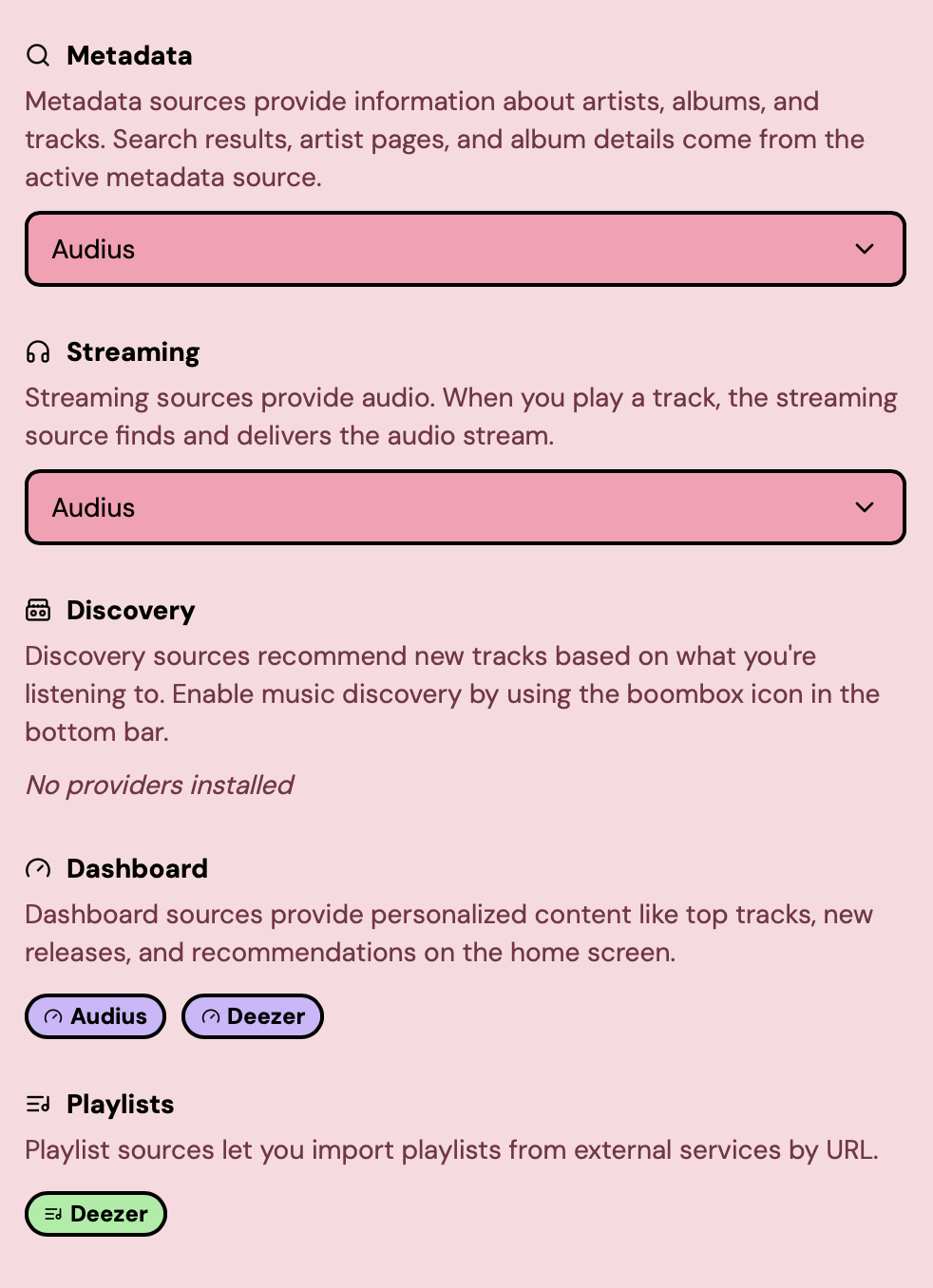 The Sources view showing provider selection dropdowns