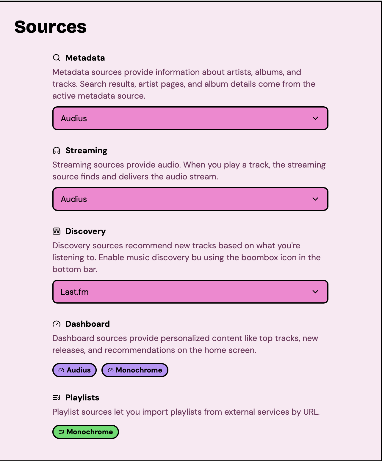 The Sources view showing provider selection dropdowns
