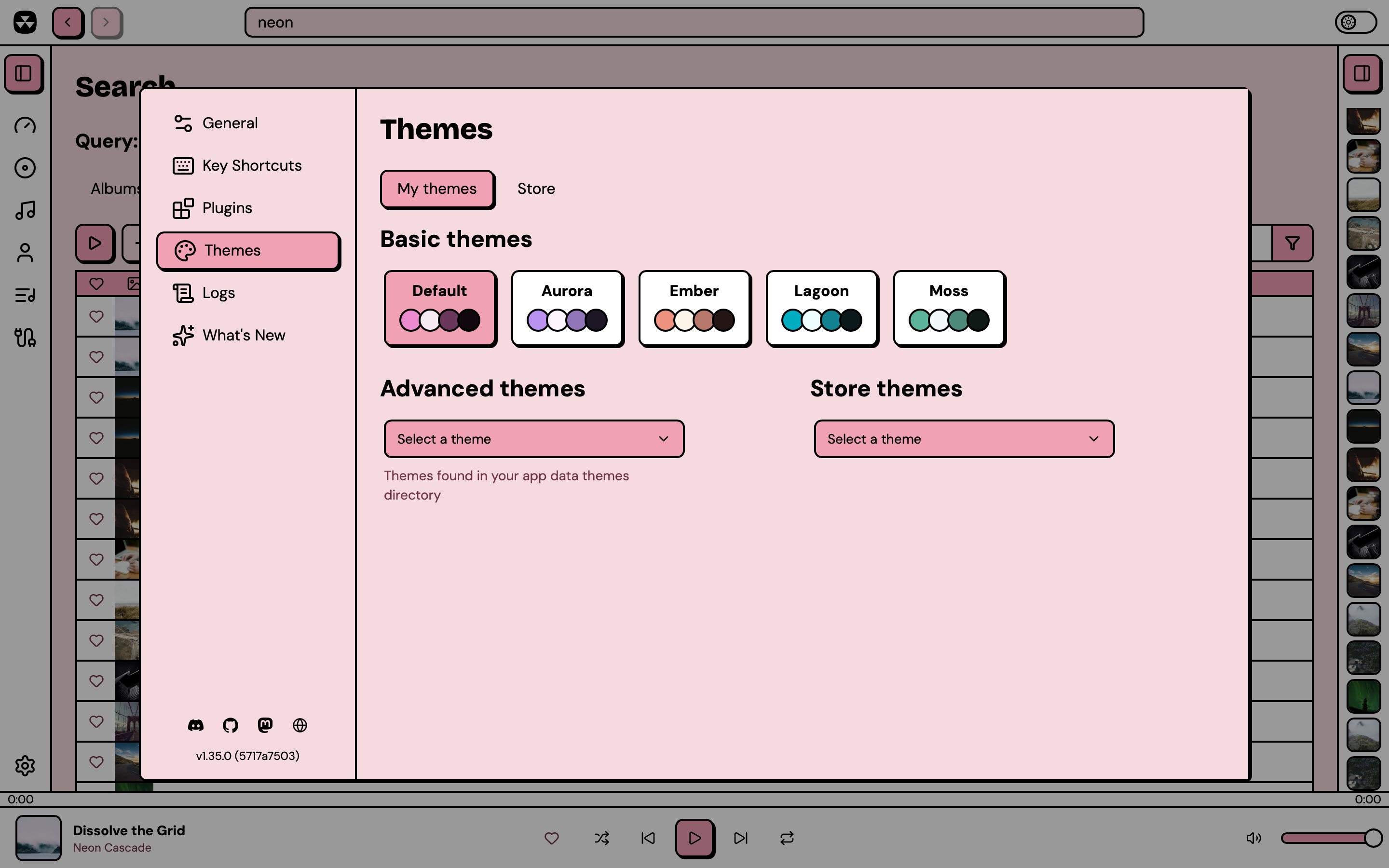 The themes view showing available themes