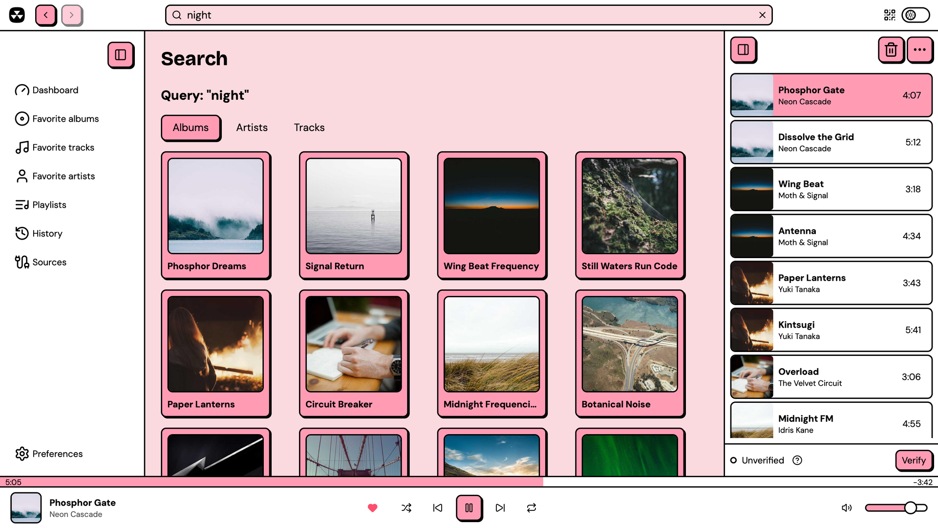 Search results showing album cards